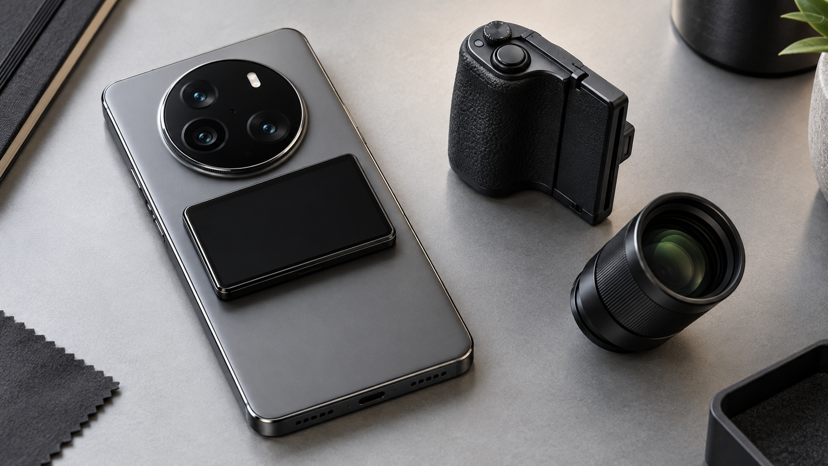 大型カメラ部のスマートフォンと背面プレビュー画面、撮影グリップ、望遠補助レンズ