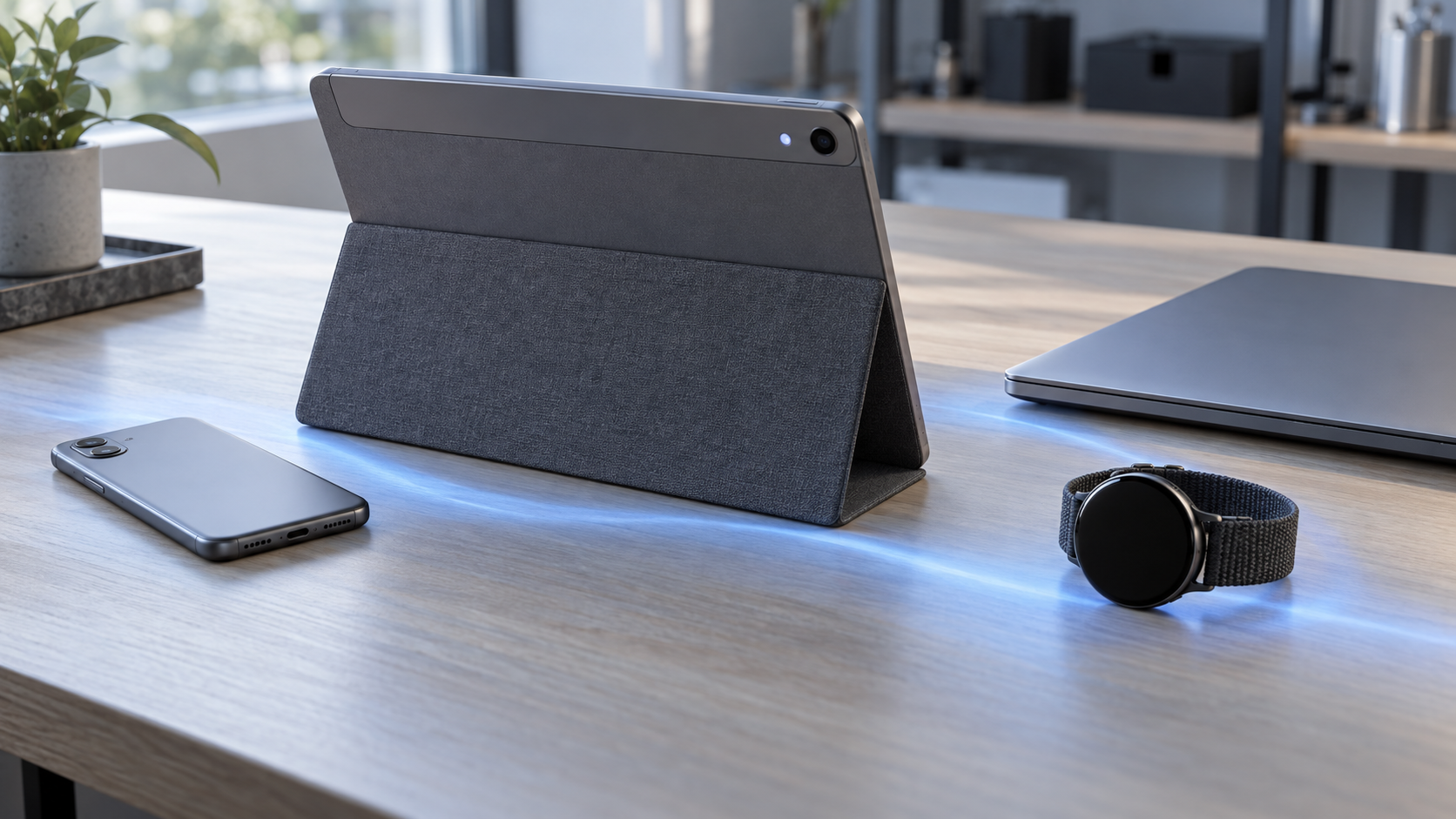 開発中のタブレットとスマートフォン、ノートPC、腕時計が連携する様子を表したイメージ