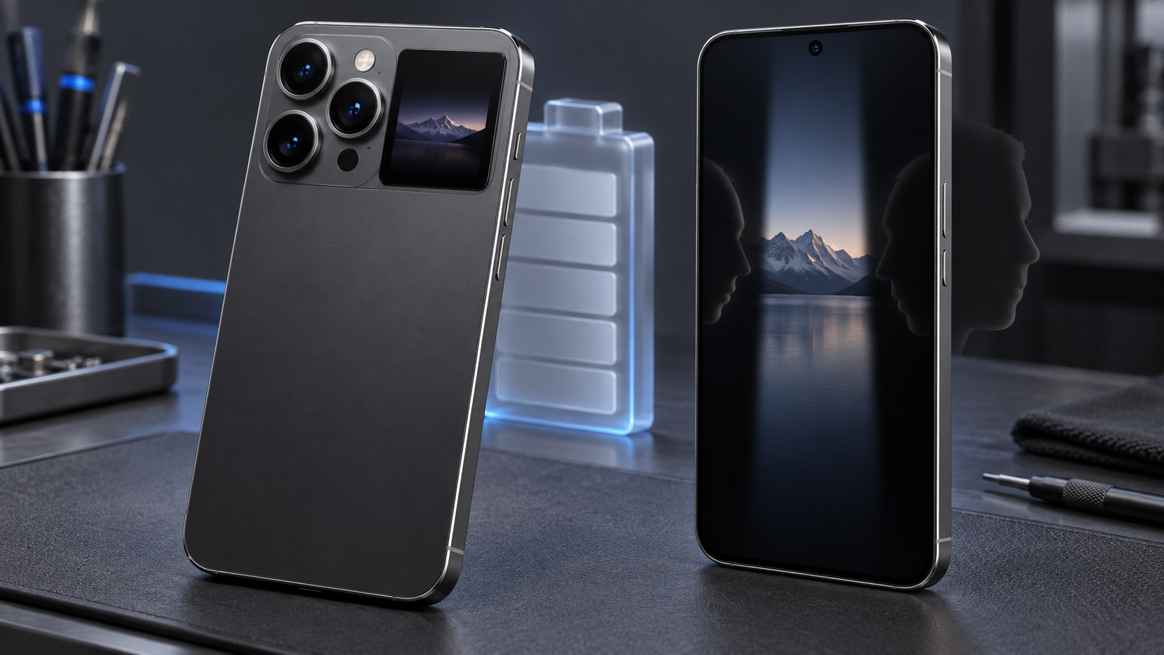 背面サブ画面と三眼カメラ、大容量電池、視野角制御を表したスマートフォン検品イメージ