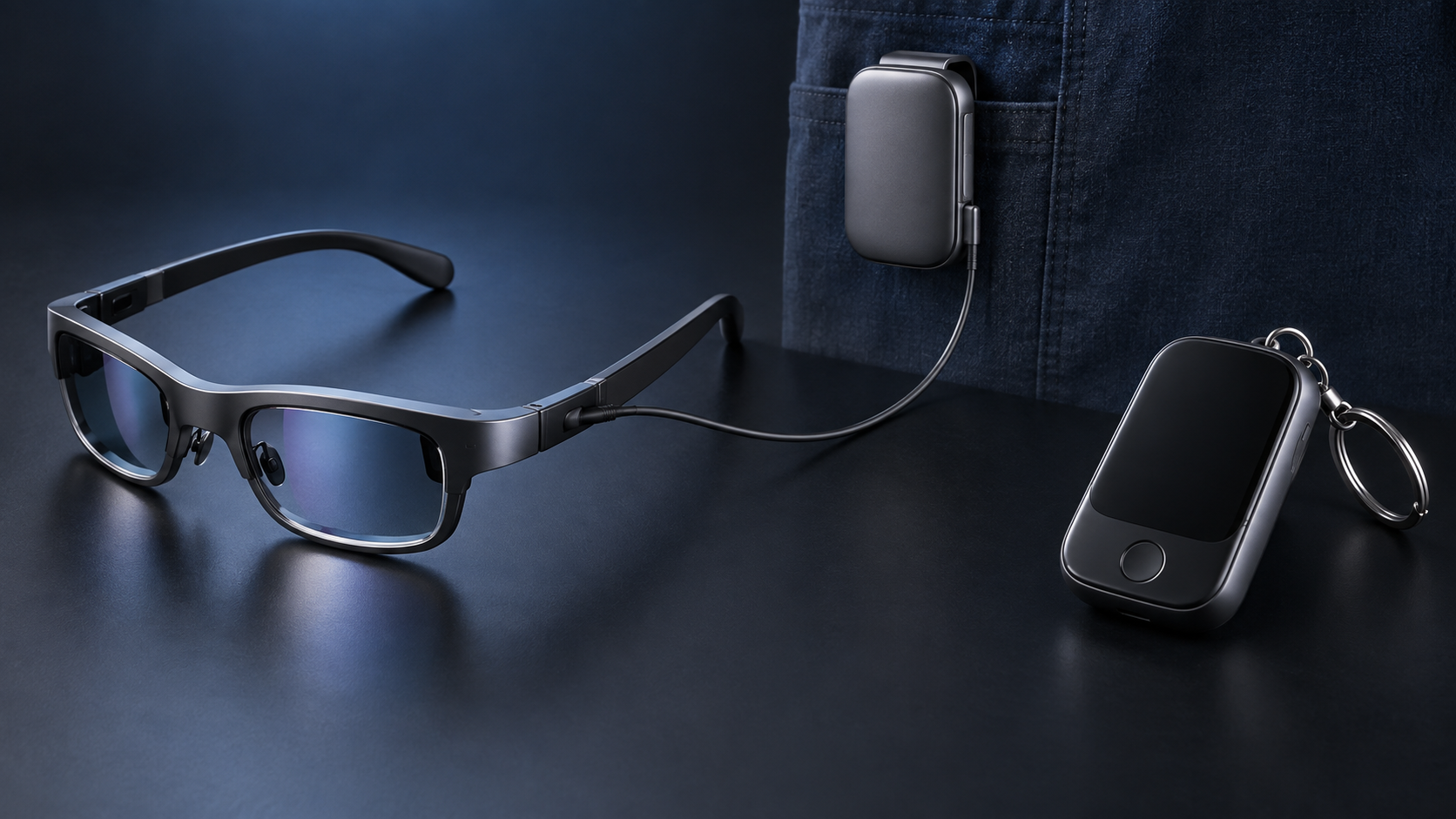 光ケーブルで演算パックへ接続する軽量VR眼鏡とキーチェーン型AI端末の概念