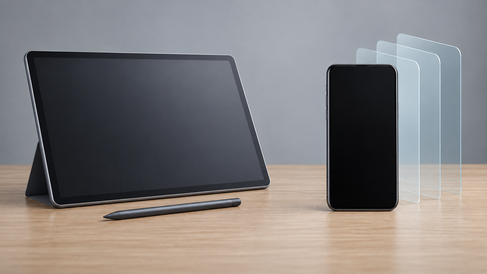 マット画面の12型タブレットと代替OSの安全層を示すスマートフォン