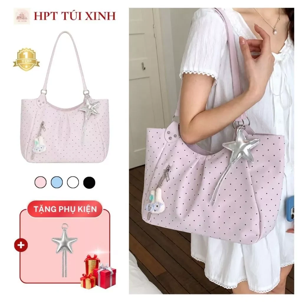 Túi tote pastel chấm bi