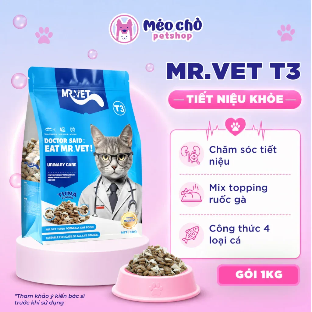 Hạt cho mèo MRVET T3 gói 1KG phòng ngừa tiết niệu, công thức 4 loại cá biển -…