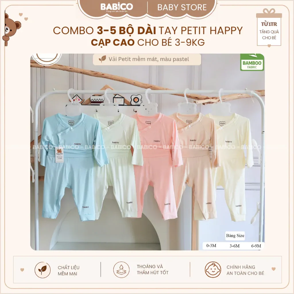Combo 3-5 Bộ Quần Áo Sơ Sinh Dài Tay Happy Cạp Cao Màu Chất Vải Petit Bamboo…