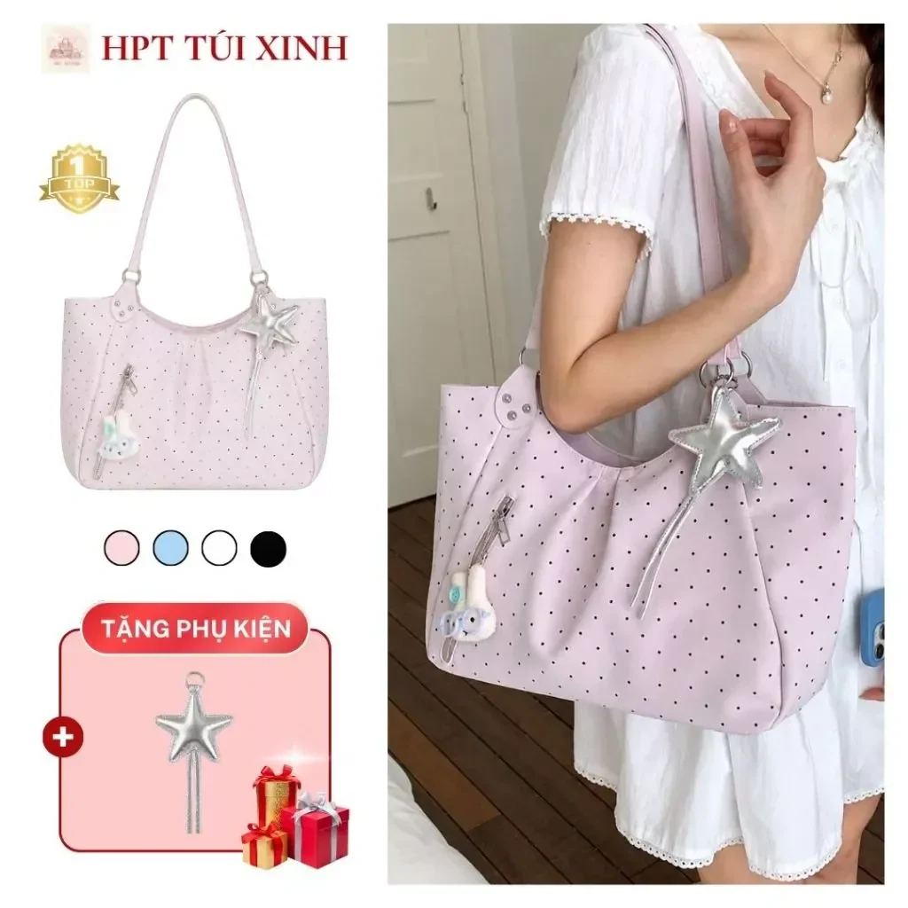 Túi xách nữ đeo vai đeo chéo họa tiết chấm bi, túi tote pastel dung tích lớn…