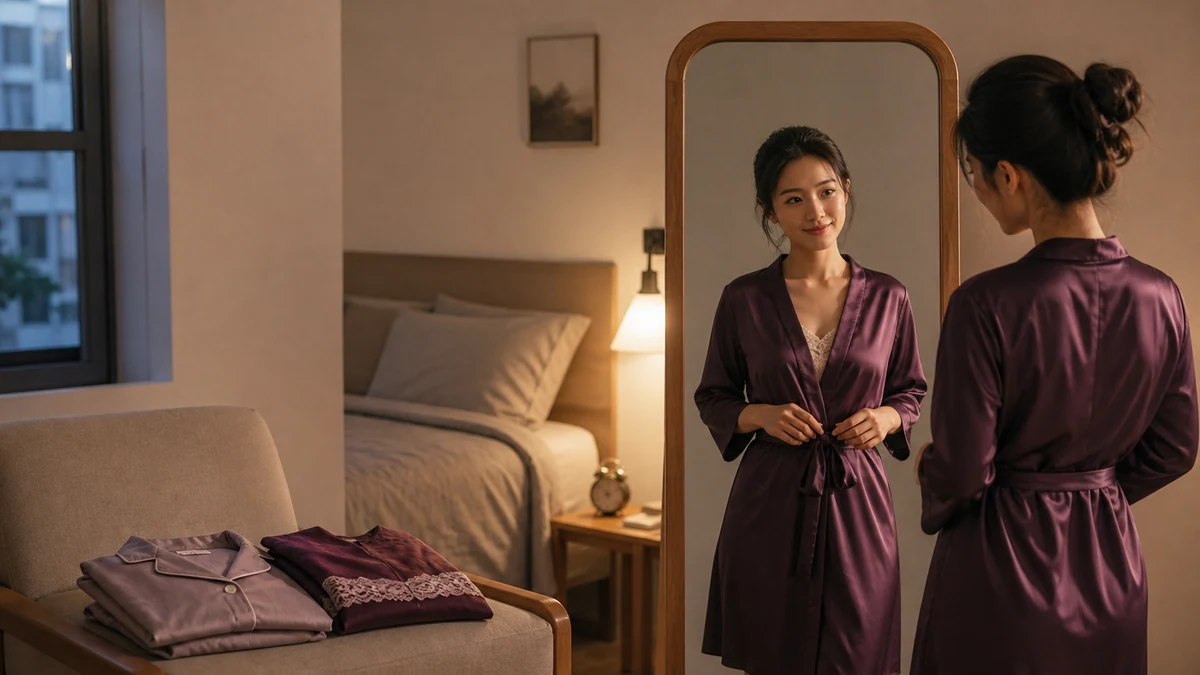 Phụ nữ Việt trẻ mặc áo choàng satin kín đáo và mỉm cười với chính mình trước gương