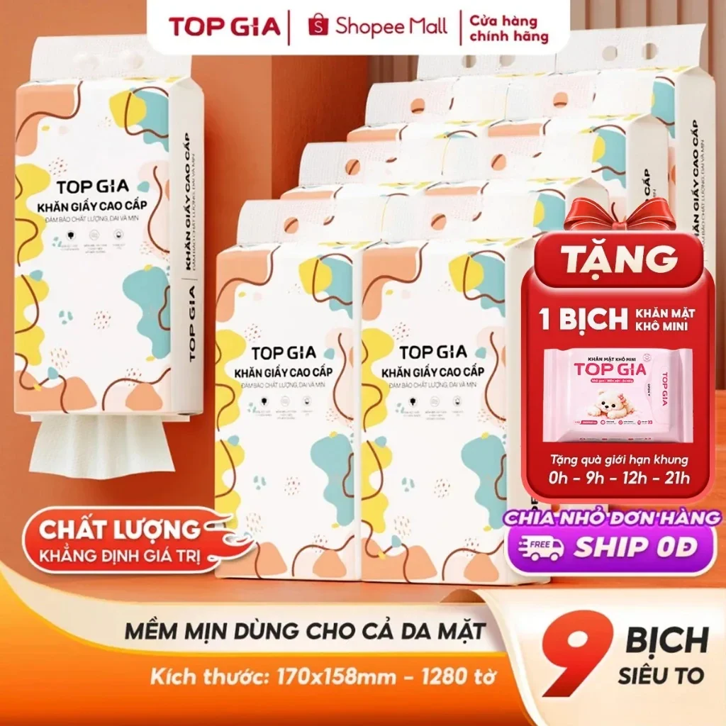 Khăn giấy rút Top Gia thùng 6, 9 bịch treo tường tiện lợi siêu dai mềm mịn