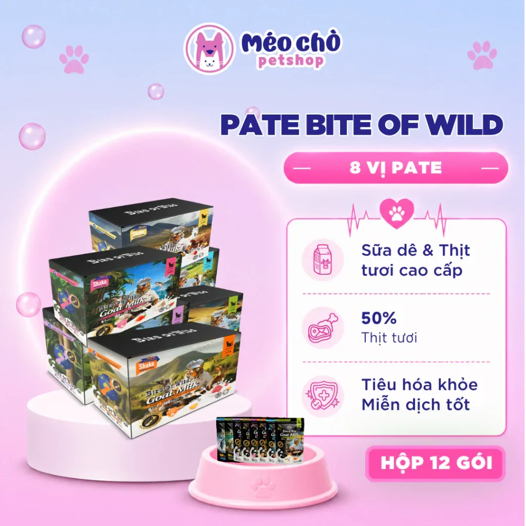 Pate Bite of Wild Cao Cấp Hộp 12 Gói 70G Công Thức Sữa Dê, Giàu Đạm, Ít Béo -…