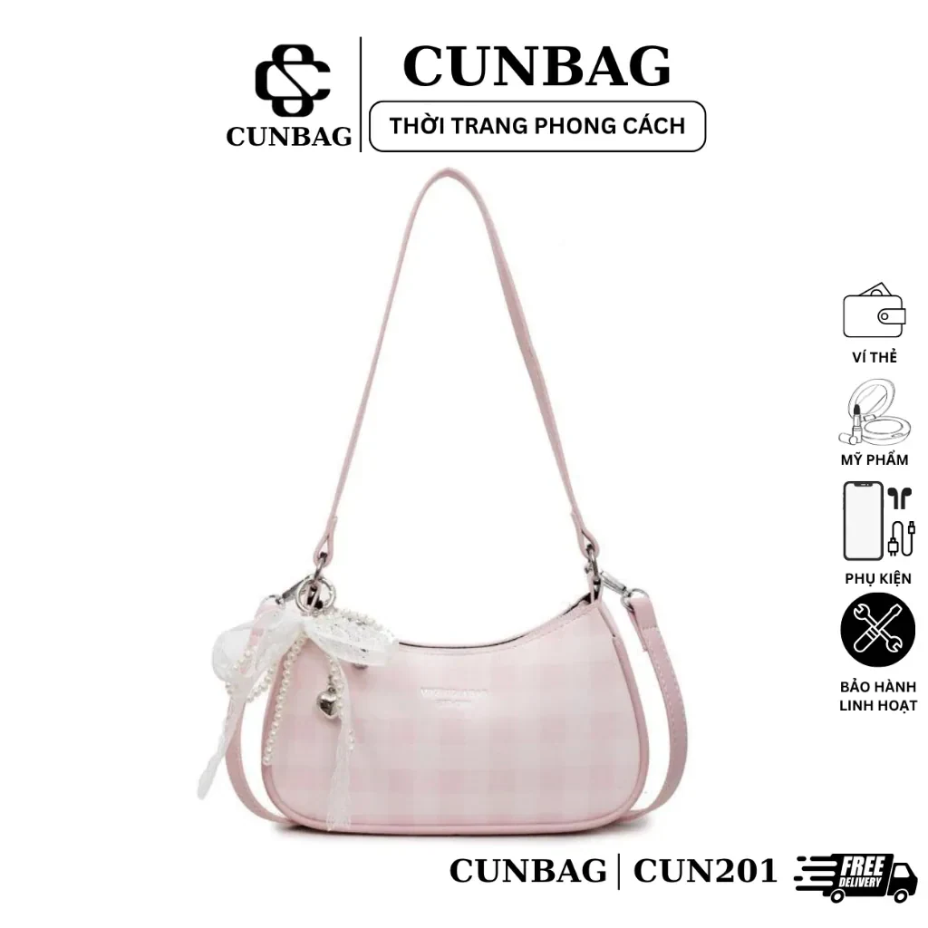 Túi xách nữ đeo chéo kẻ caro kèm charm nơ tym ngọc dễ thương CUN201