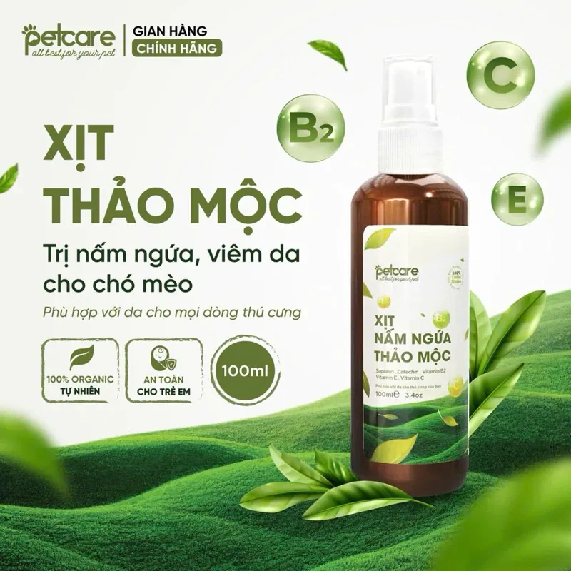 Xịt Nấm Ngứa Thảo Mộc PETCARE tri nấm, viêm da, ve rận cho Chó Mèo