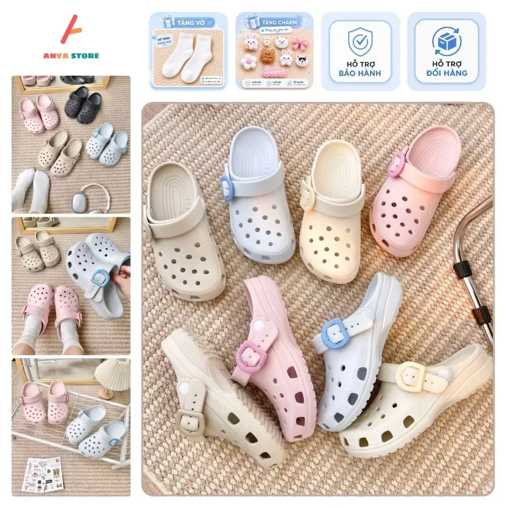 QH10 [Tặng Charm Ngẫu Nhiên, Vớ ] Dép sục ANYA Buckle Nam Nữ Có Khuy Cao 3cm…