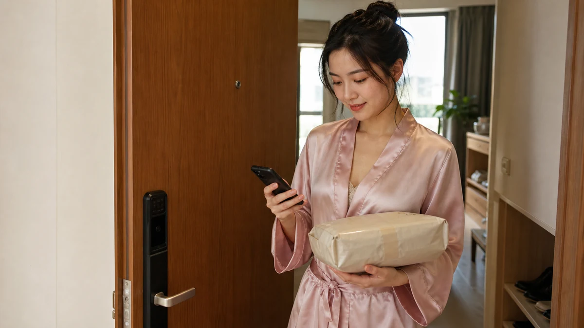 Phụ nữ Việt trẻ cầm kiện hàng kín và kiểm tra thông báo giao hàng trên điện thoại