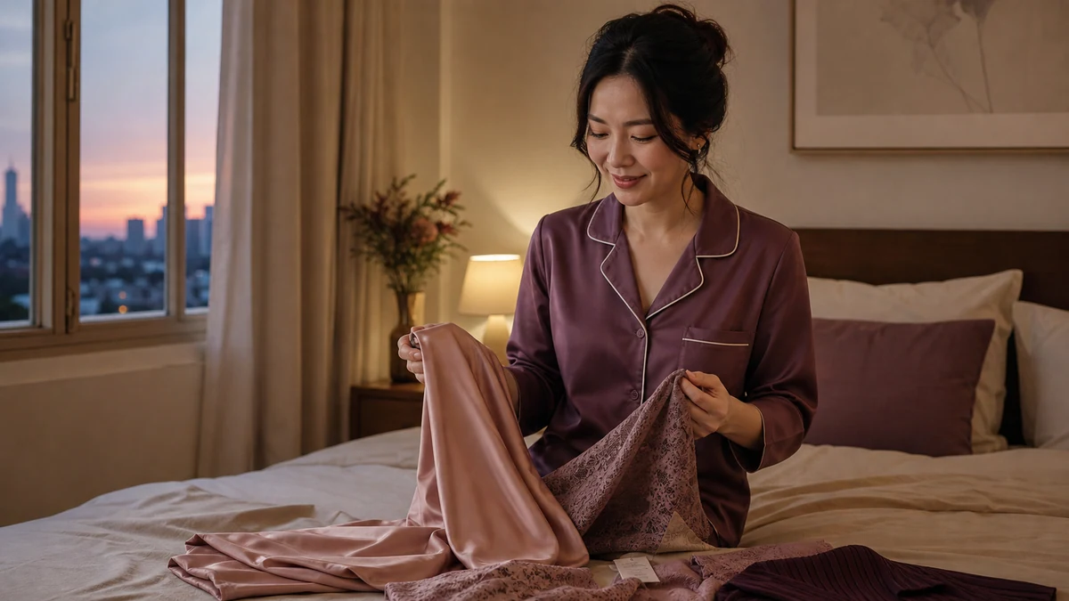 Người phụ nữ trưởng thành so sánh độ rủ của hai bề mặt vải trong phòng ngủ