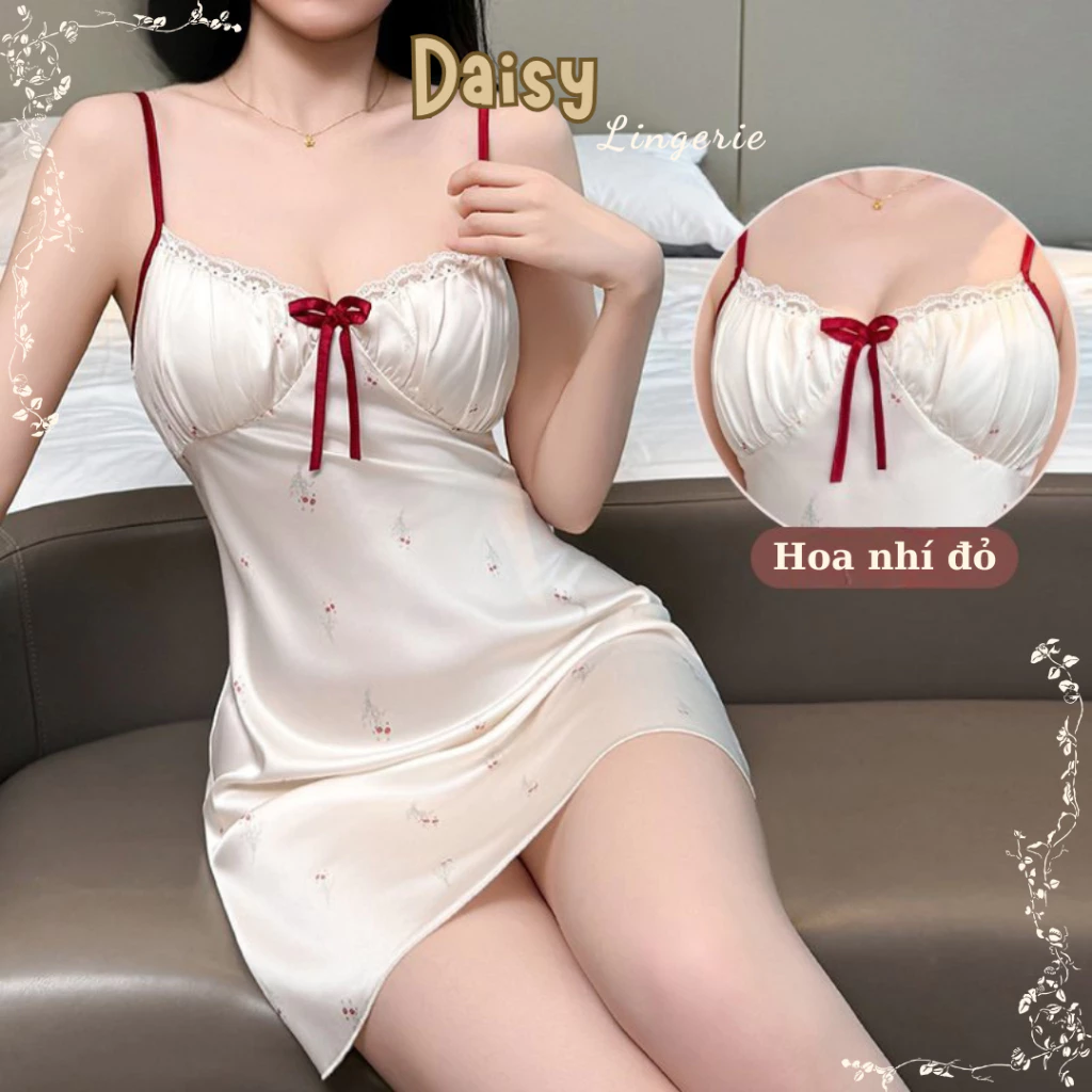 Váy ngủ hoa nhí màu sáng VN121 với nơ đỏ ở ngực