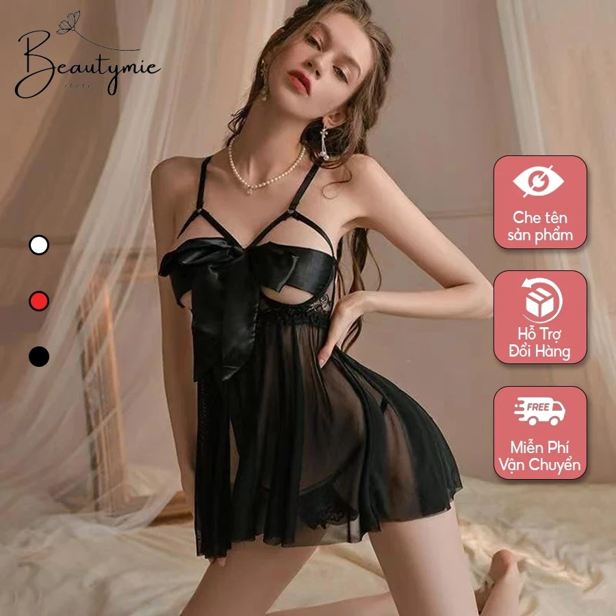 Váy ngủ sexy ren xuyên thấu có gọng cột nơ ngực gợi cảm đầm tiểu thư 2 dây hở lưng đen đỏ trắ…