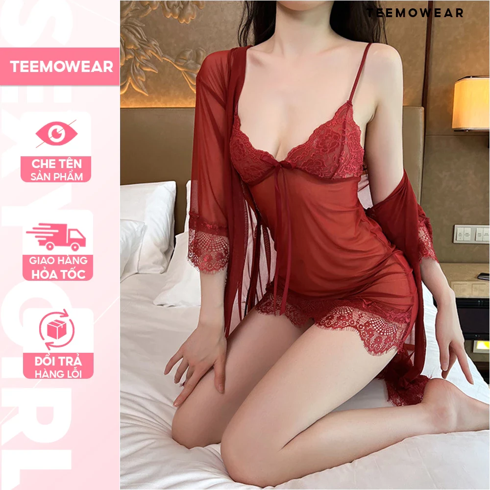 Set váy ngủ + áo choàng ren xuyên thấu gợi cảm cao cấ…
