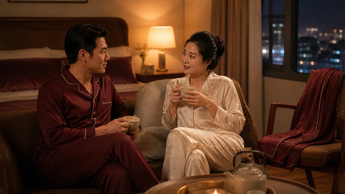 Cặp đôi trưởng thành trò chuyện bình tĩnh trong không gian buổi tối
