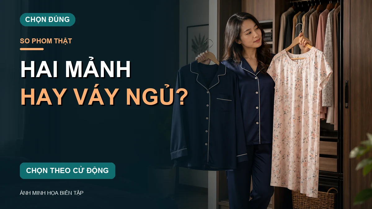 Phụ nữ Việt trưởng thành so bộ pyjama satin xanh với váy ngủ dáng suông trong tủ quần áo