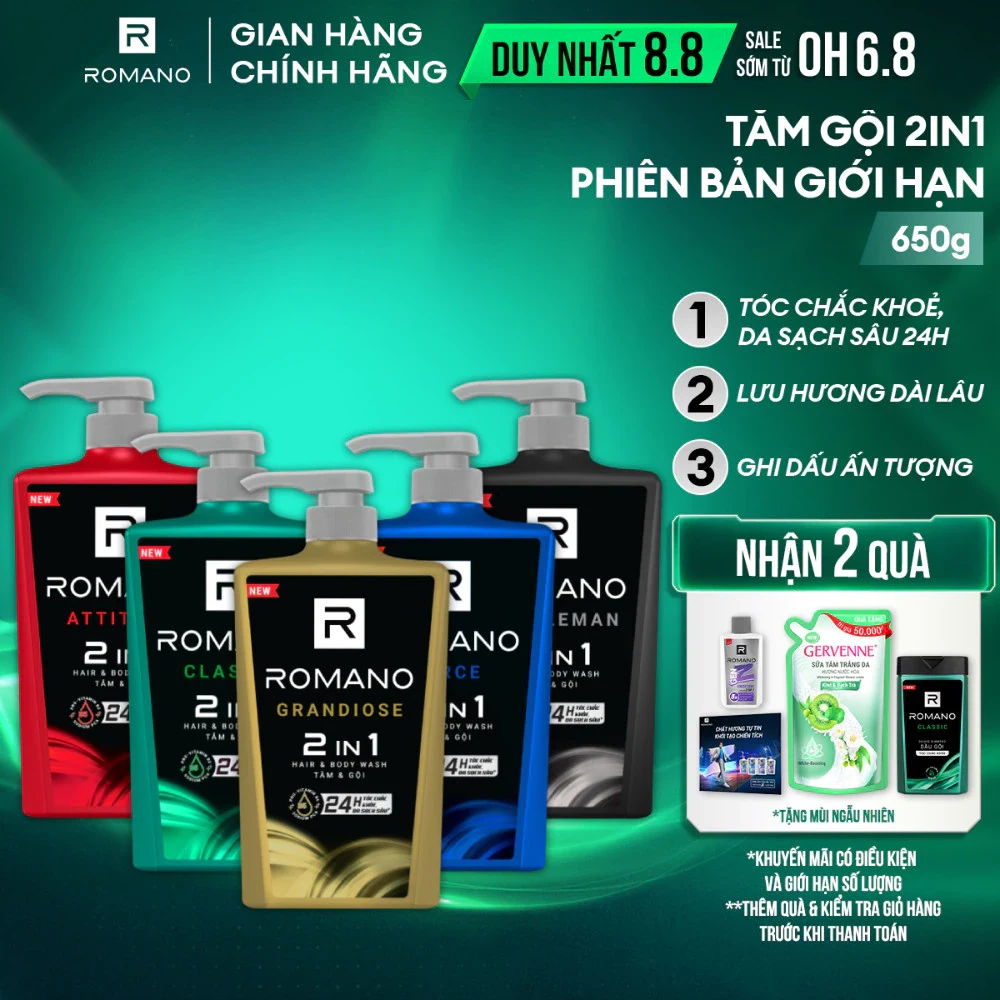 Tắm gội Romano 2 trong 1, 650 g