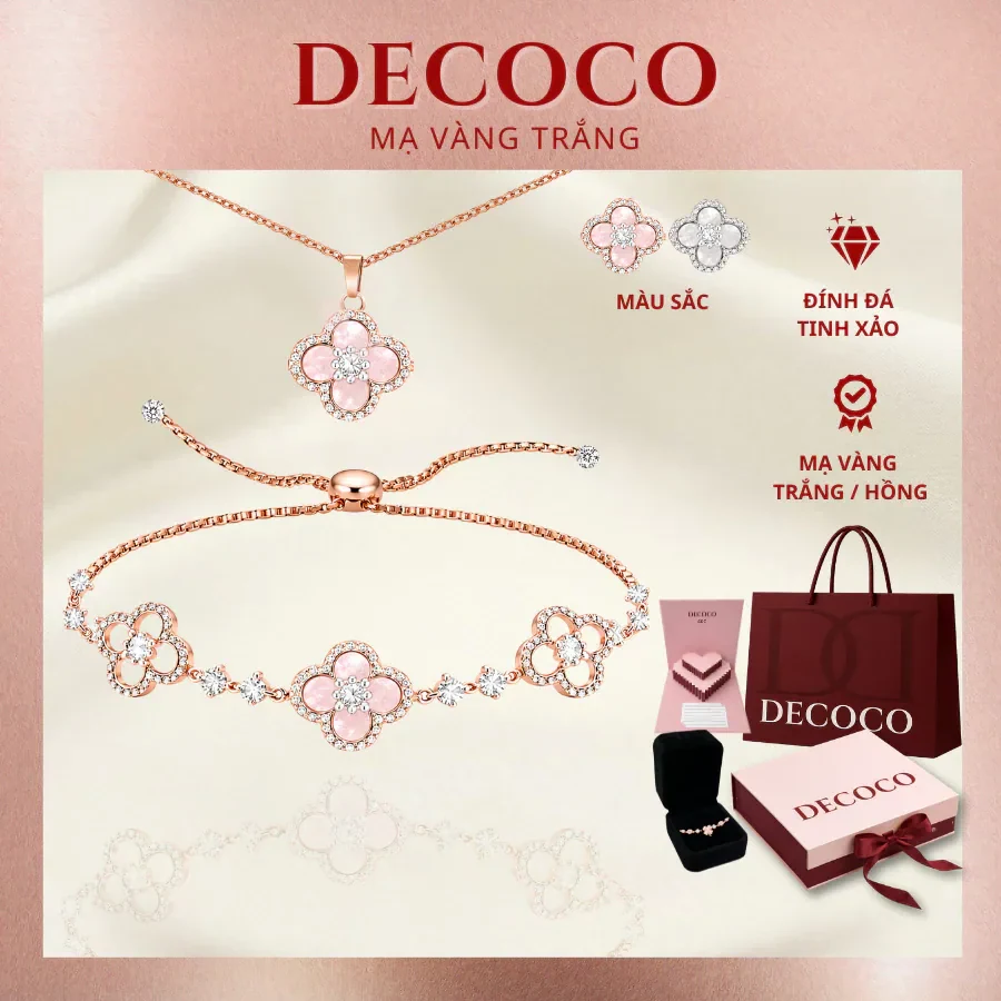 Vòng cổ & vòng tay SAKURA cỏ 4 lá charm hoa đá xà cừ DECOCO ( kèm Túi giấy +…