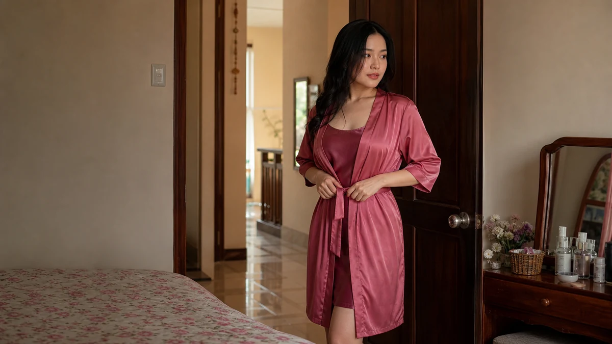 Phụ nữ Việt trẻ thắt áo choàng satin trước khi bước từ phòng ngủ ra hành lang