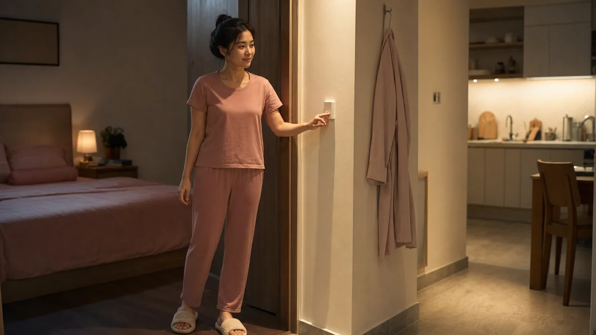 Phụ nữ Việt trẻ mặc pijama gọn đang bật đèn hành lang trước khi đi từ phòng ngủ ra bếp