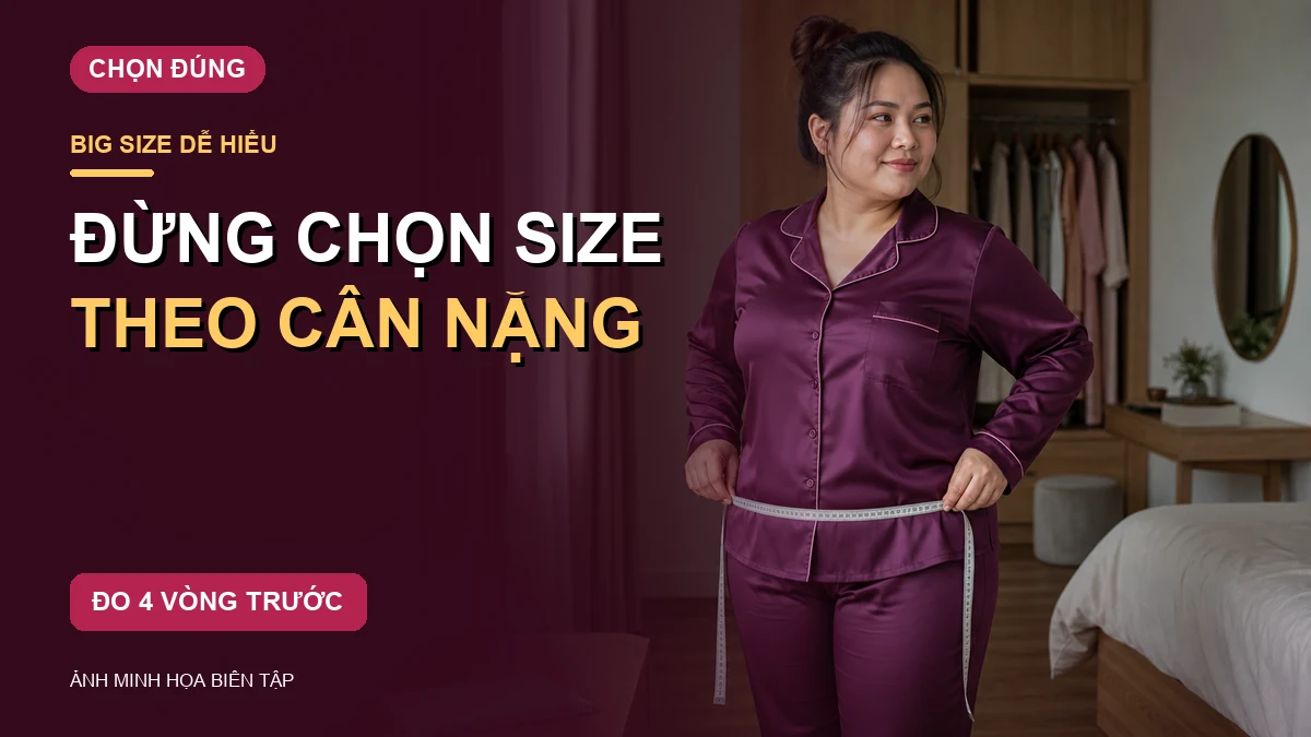 Phụ nữ Việt trưởng thành dáng đầy đặn đo vòng hông bên ngoài bộ pyjama satin màu mận