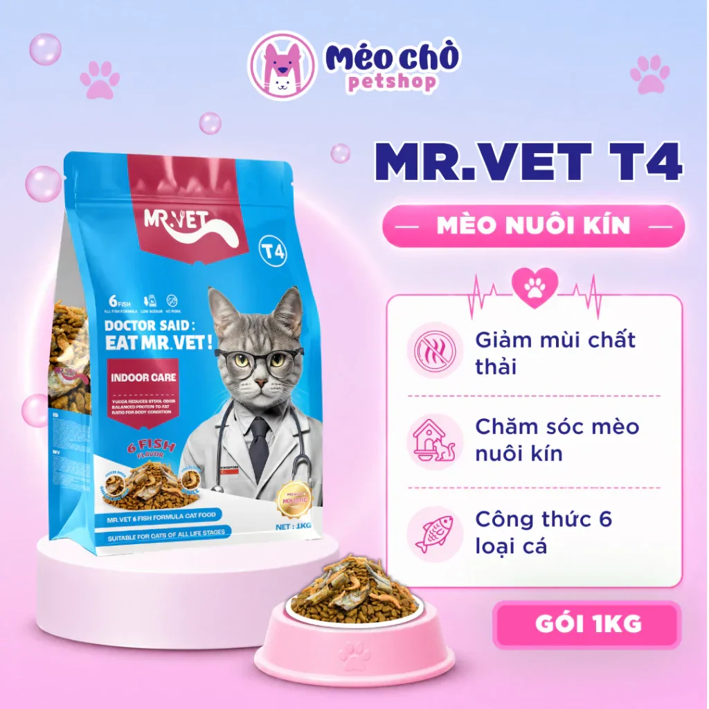 Hạt cho mèo MRVET T4 Gói 1KG Công thức 6 loại cá biển, giảm mùi hôi chất thải…