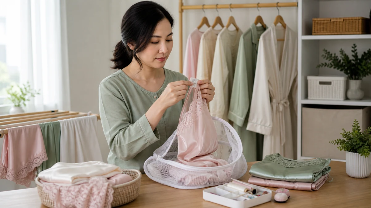 Người phụ nữ trưởng thành đọc nhãn chăm sóc trước khi cho đồ ngủ vào túi giặt