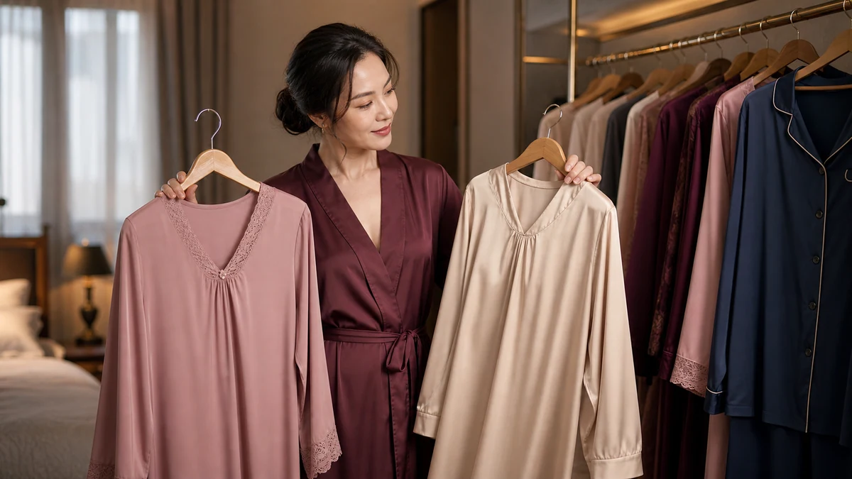 Người phụ nữ trưởng thành so sánh hai kiểu dáng đồ ngủ trên móc