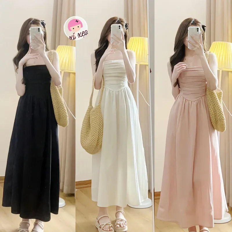 Váy 2 dây nữ cúp ngực xếp ly dáng dài, đầm maxi phong cách tiểu thư xixeoshop…