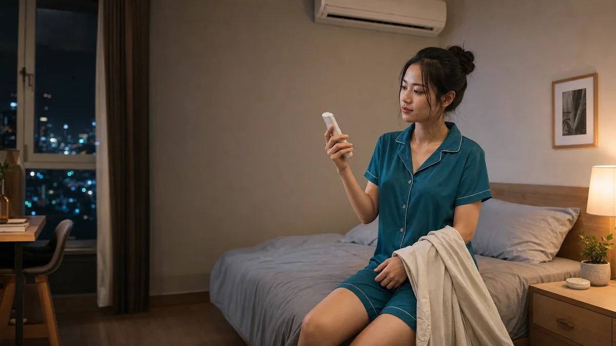 Phụ nữ Việt trẻ mặc pijama xanh cầm điều khiển điều hòa và áo choàng mỏng trong phòng ngủ
