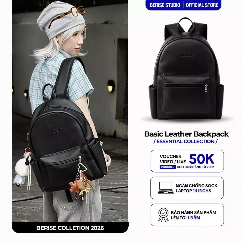 Balo Da Berise Basic Leather Pack, Unisex nam nữ, Đựng vừa Laptop 15,6inch, Da…
