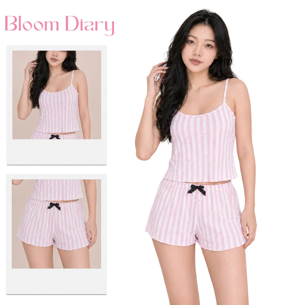 Set Đồ Ngủ Nữ Áo Hai Dây Sọc Trắng Hồng Kèm Quần Short Phối Nơ Ống Xòe Chất Cotton Mềm Mát