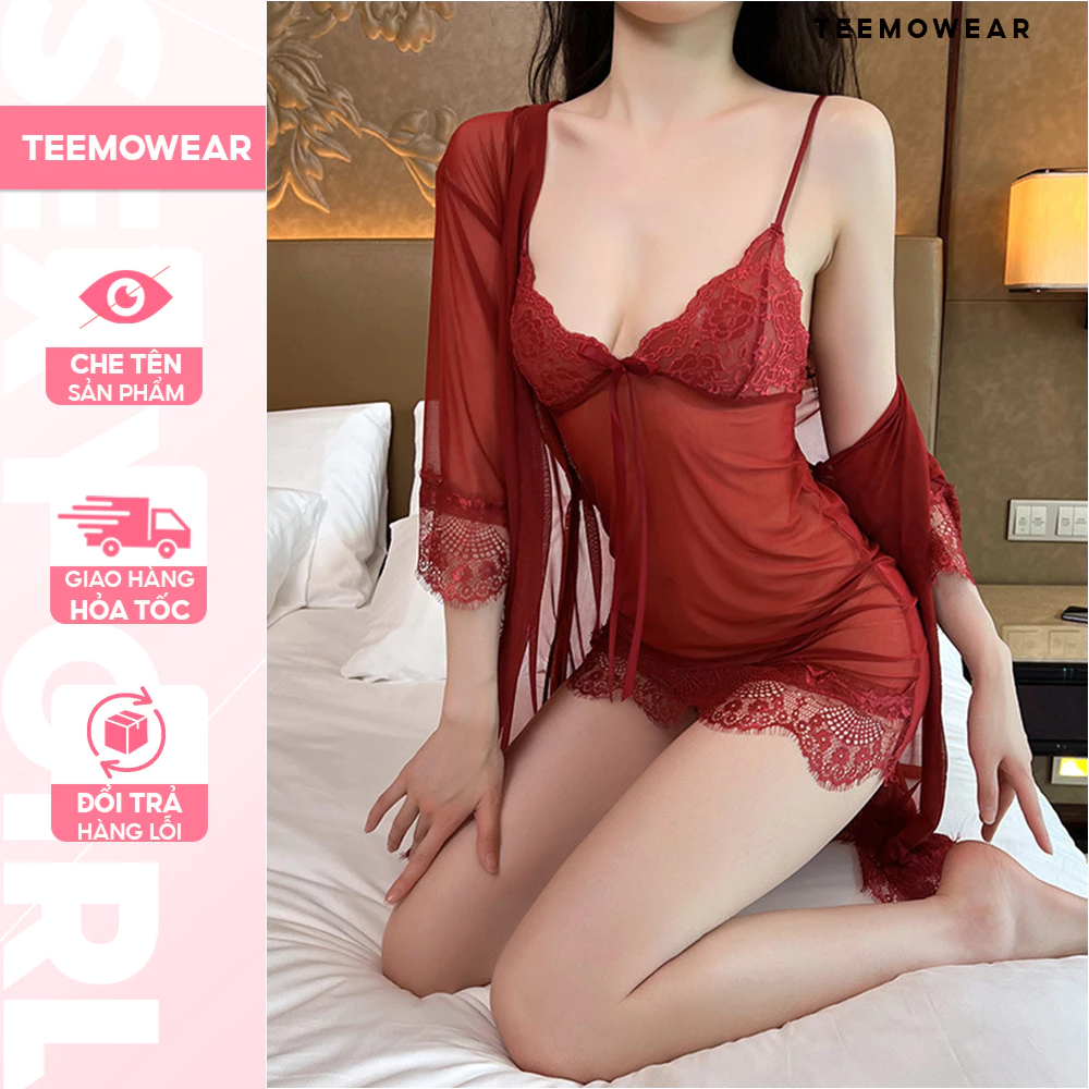 Set váy ngủ ren màu đỏ kèm áo choàng DN06