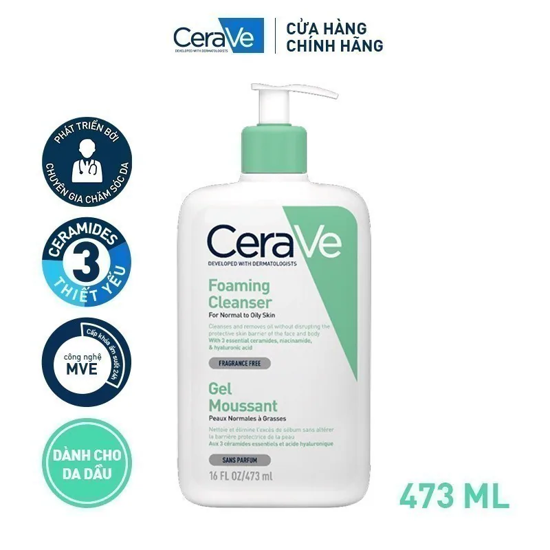 Chai sữa rửa mặt CeraVe Foaming Cleanser 473 ml dành cho da thường đến da dầu