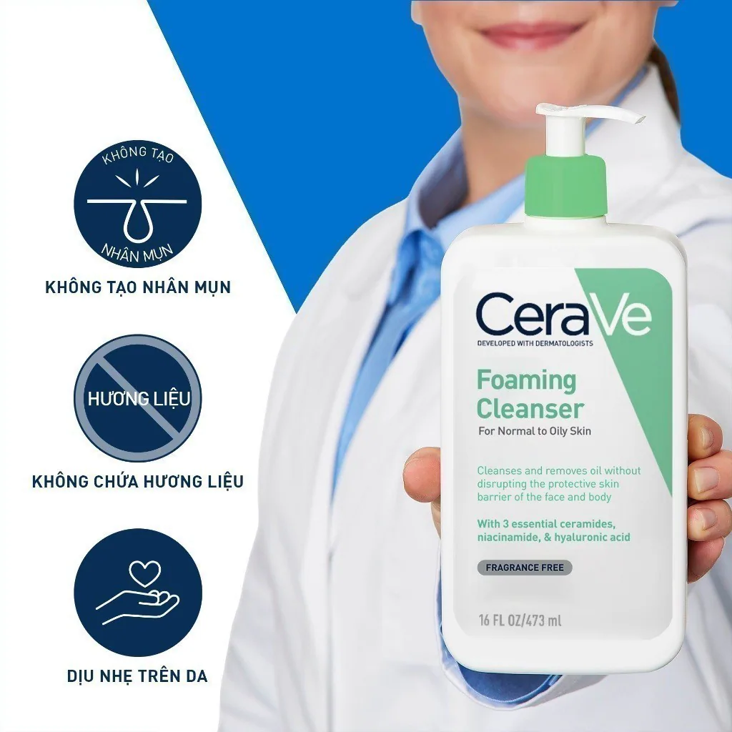 CeraVe Foaming Cleanser 473 ml với thông tin không gây bít tắc, không hương liệu và dịu nhẹ