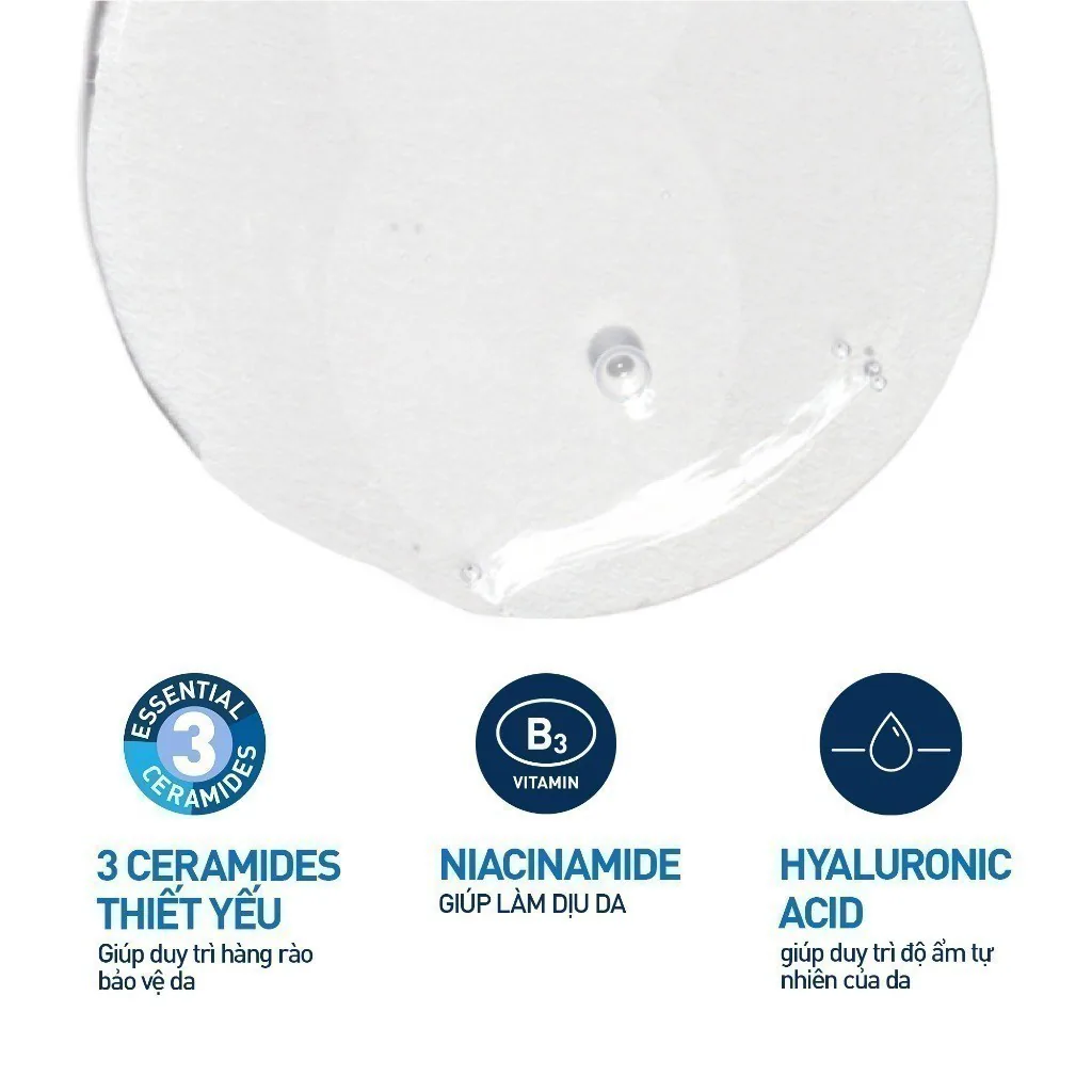 Kết cấu gel trong và ba thành phần nổi bật gồm ceramide, niacinamide và axit hyaluronic