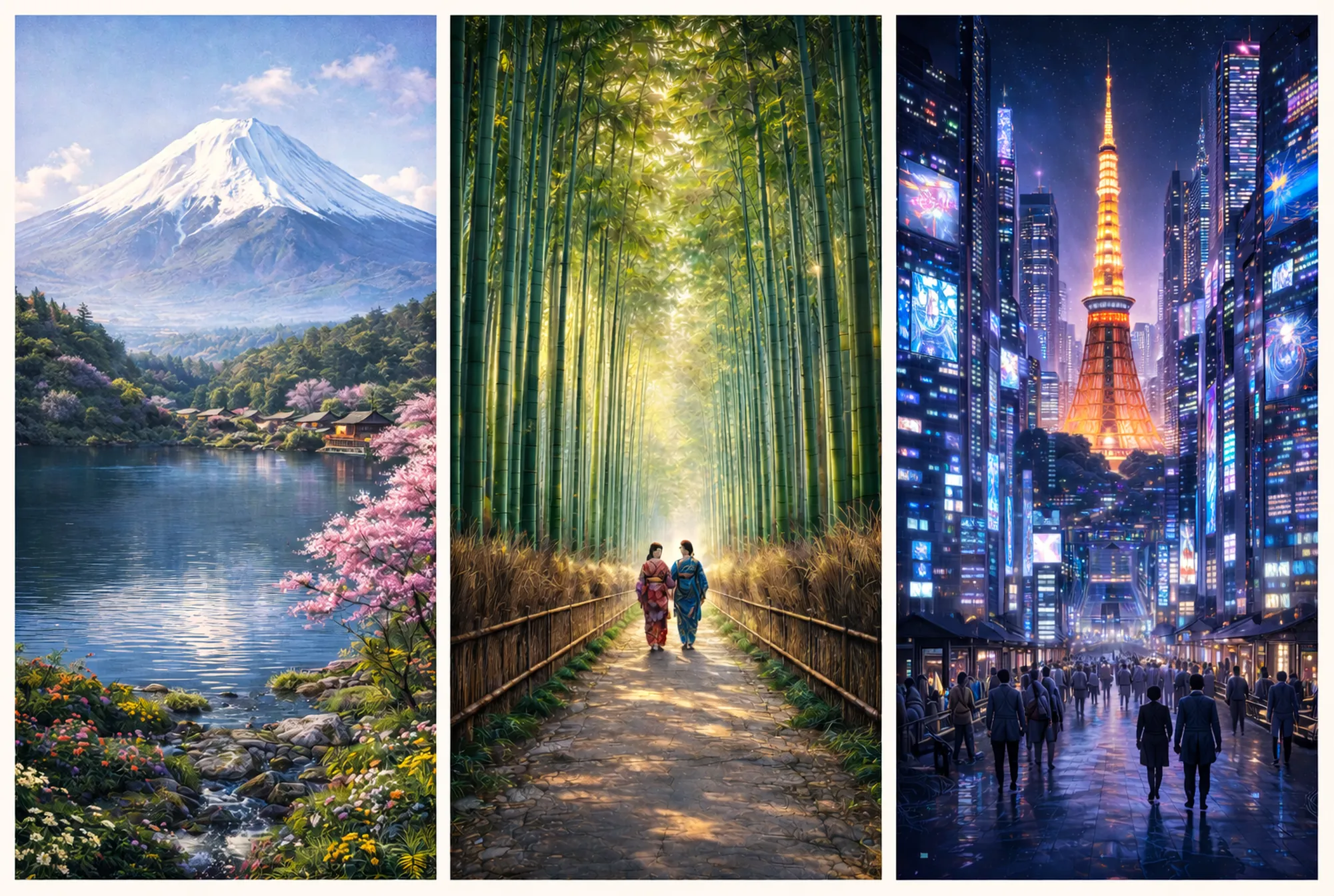 Japan scenic triptych showcasing the beauty and culture