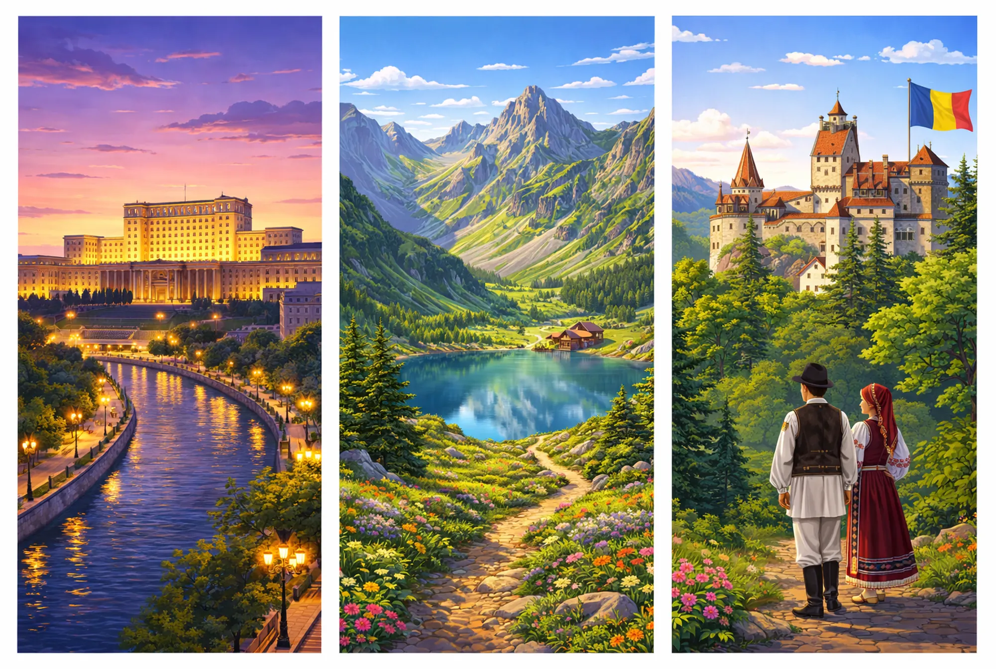 Romania scenic triptych showcasing the beauty and culture