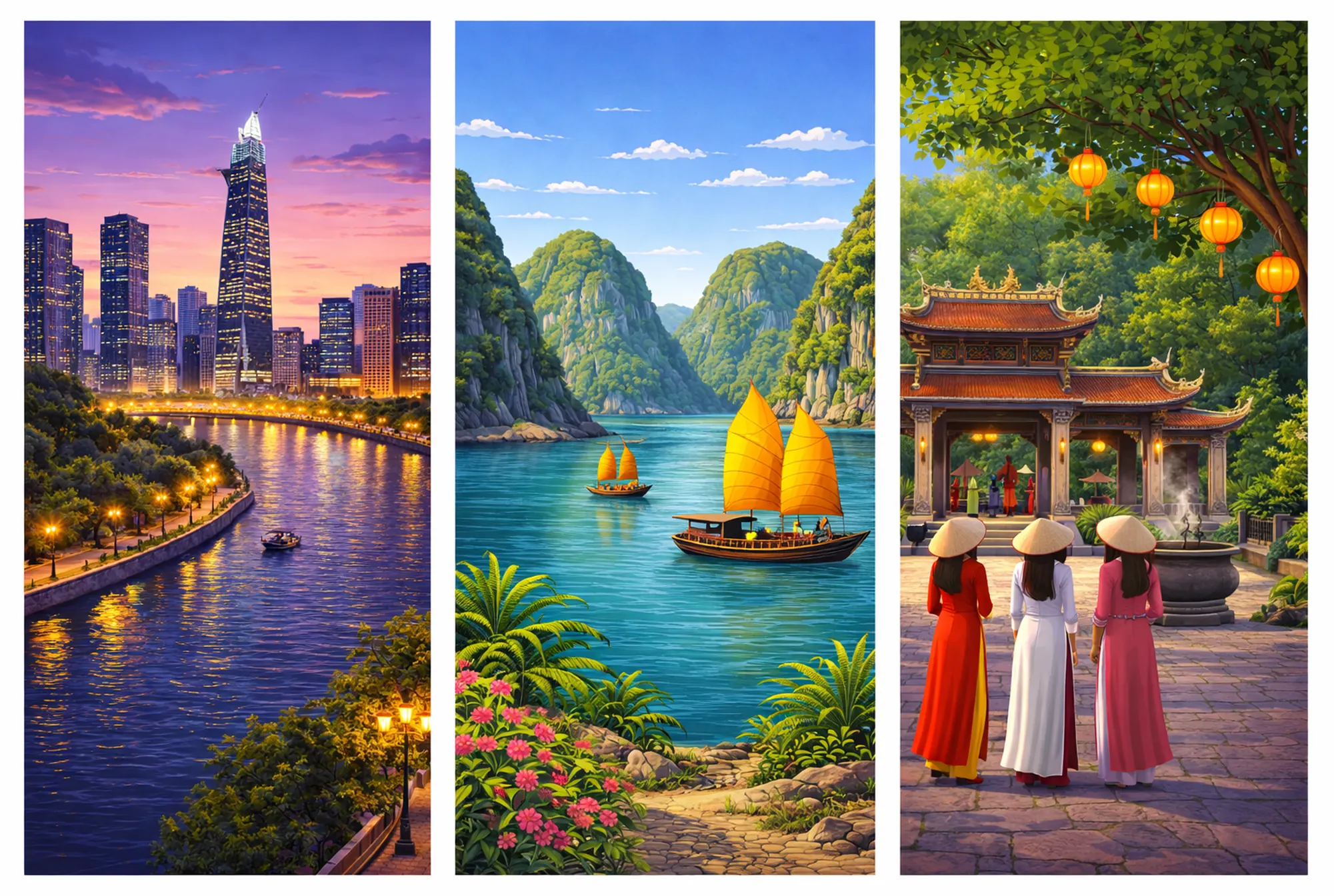 Vietnam scenic triptych showcasing the beauty and culture