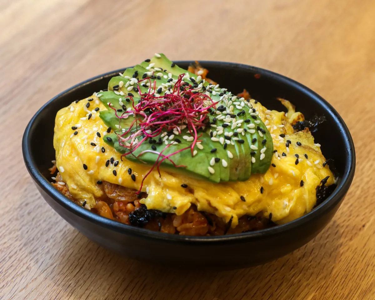 Fried rice with Kimchi, egg and avocado 