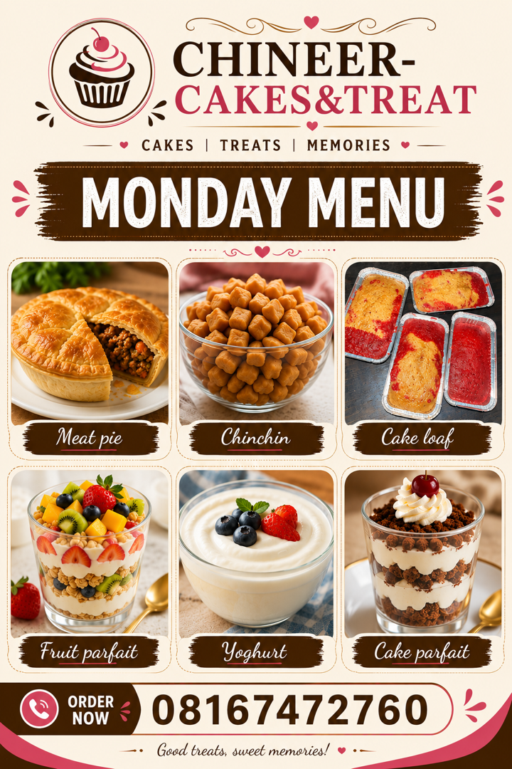 cakes, pastries, small chops, shawarma, yoghurt, ballon decoration, surprise planning , parfait