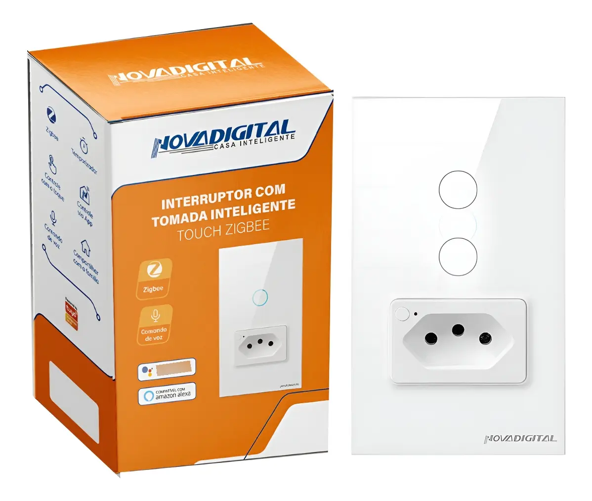 Interruptor Tomada Inteligente Touch ZigBee 2 Tecla + 1 Tomada 10A - Nova Digital