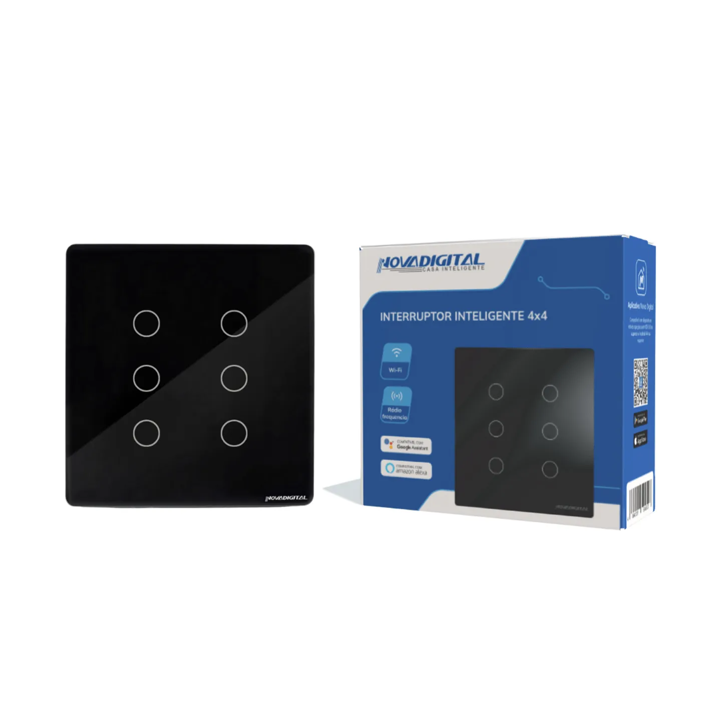 Interruptor 4x4 Touch Wi-Fi + RF433 Mhz 6 Botões Novadigital Tuya