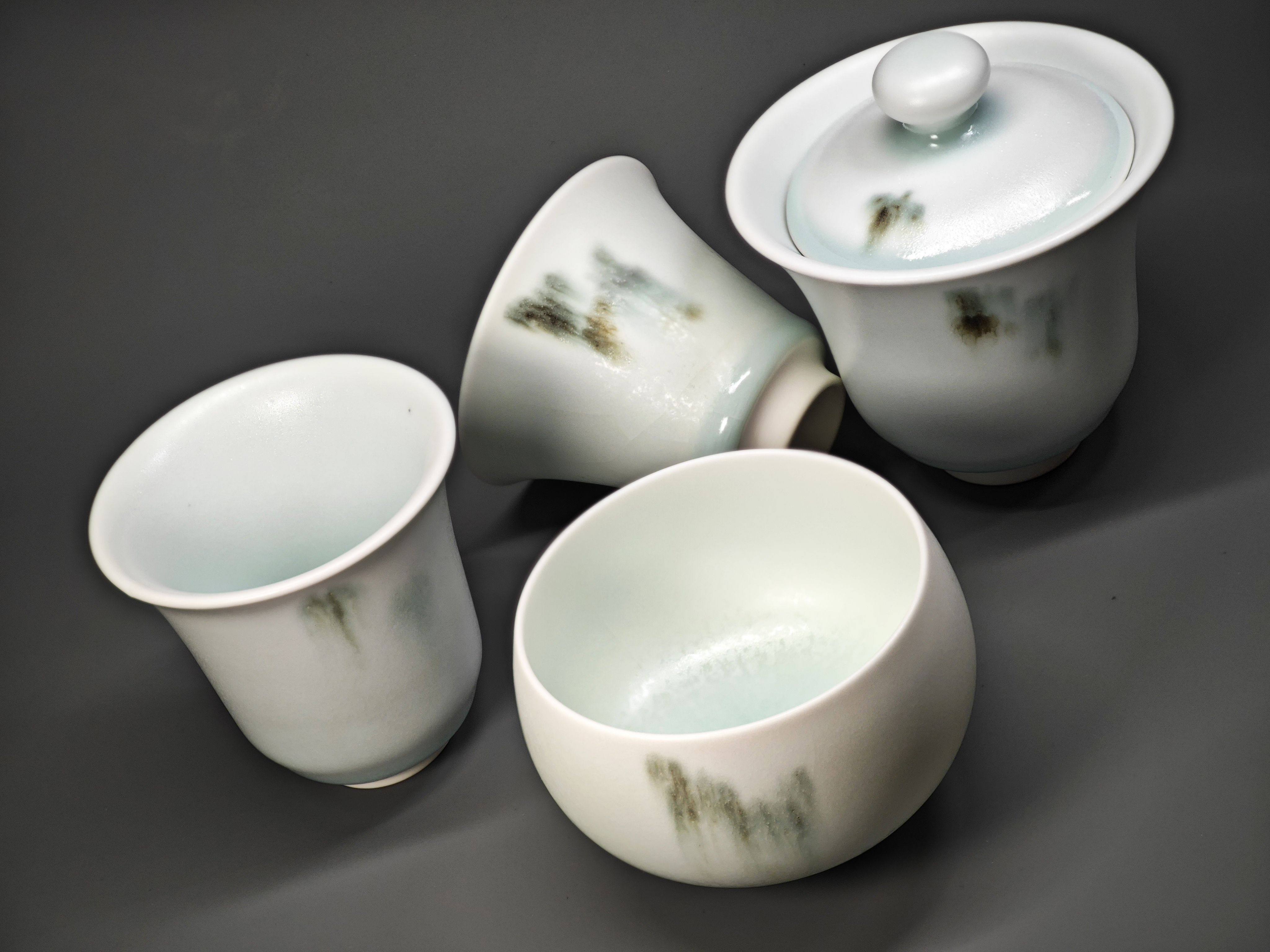 未名銘 竹灰釉セット（蓋碗1点＋茶杯3点） 2