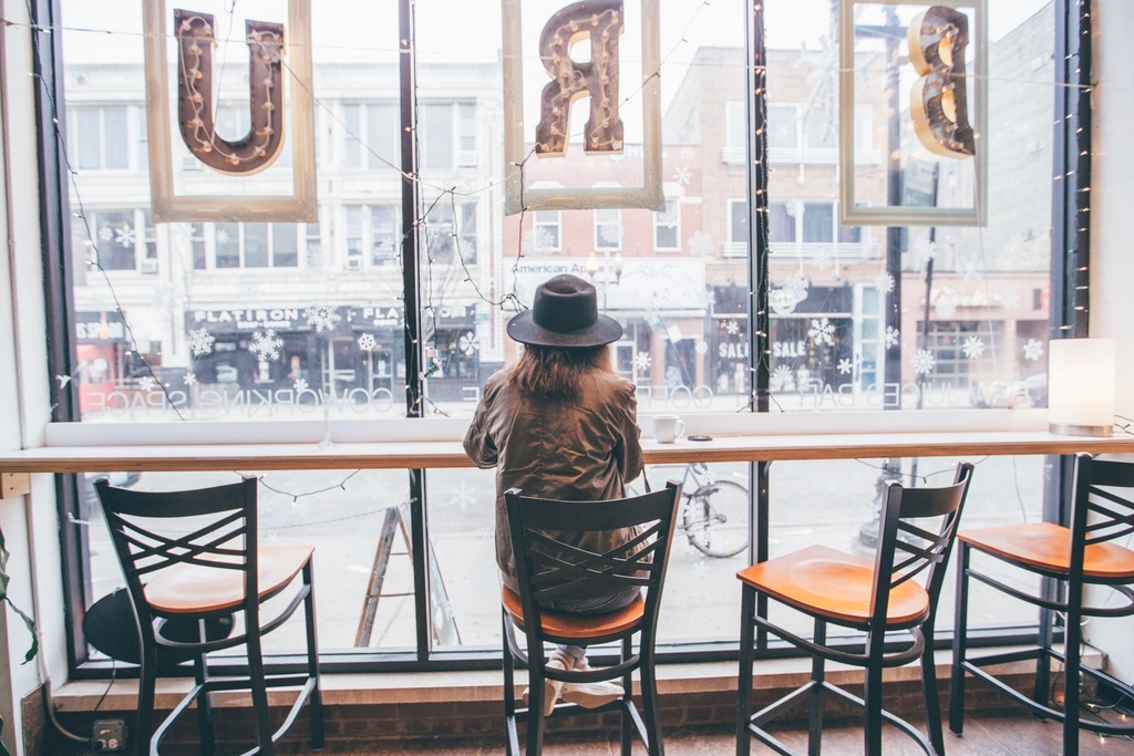 Free woman chilling coffee shop
