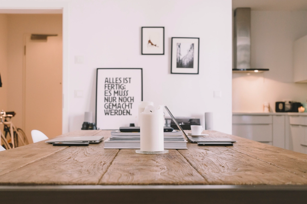 Apartment interior wooden table framed