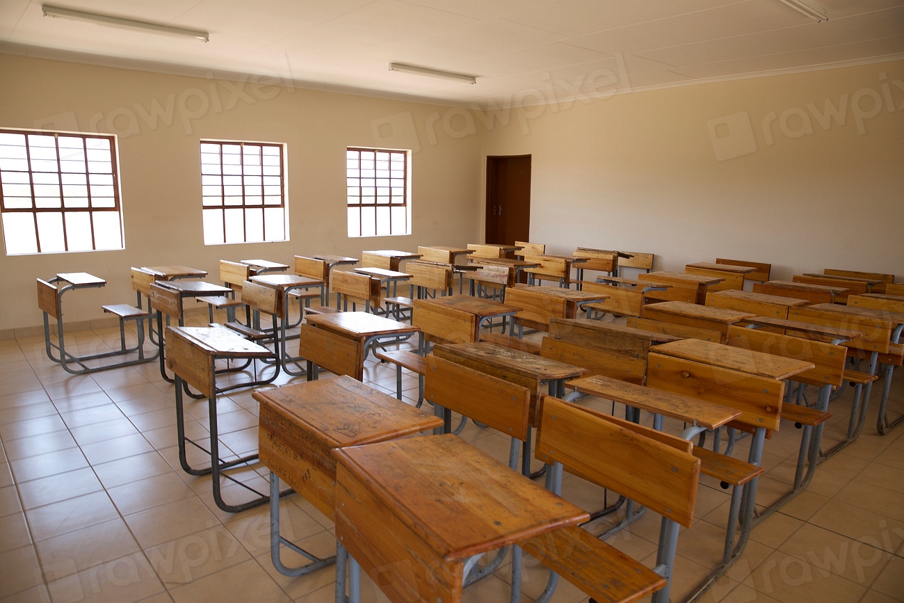 Wooden tables in a classroom