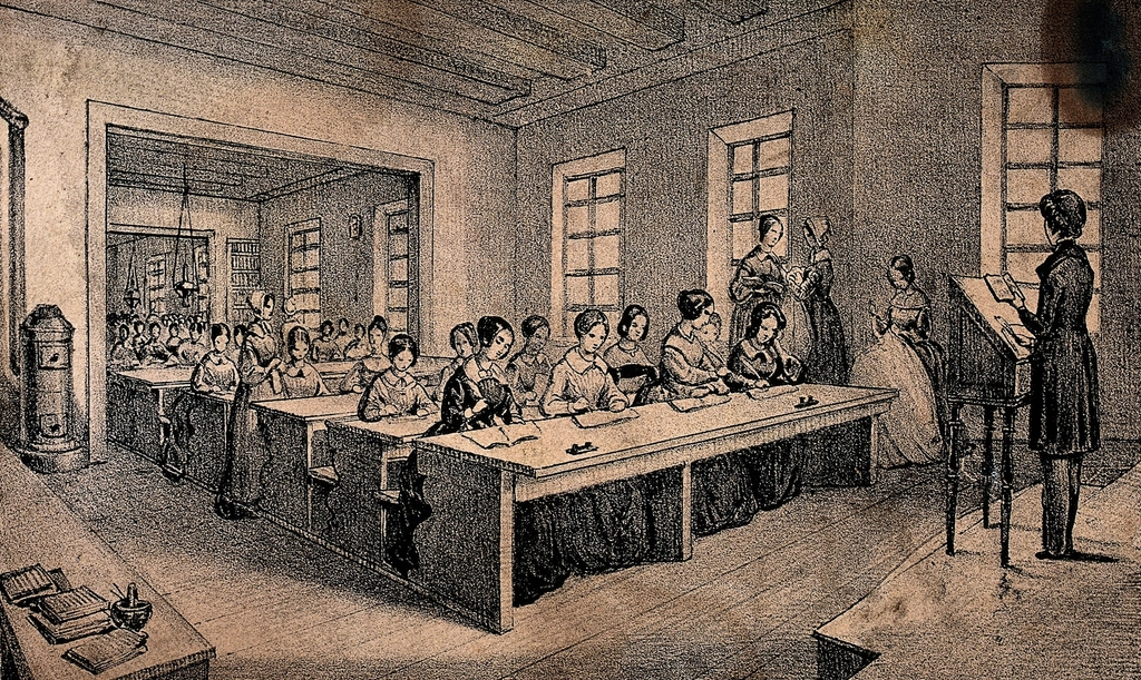classroom children sitting long tables